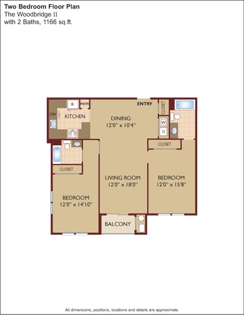 Floor plan for 2 beds, 2 baths, 1170 sqft